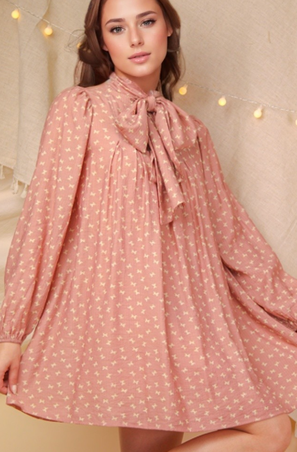 Mock Neck Front Tie Printed Mini Dress Mauve