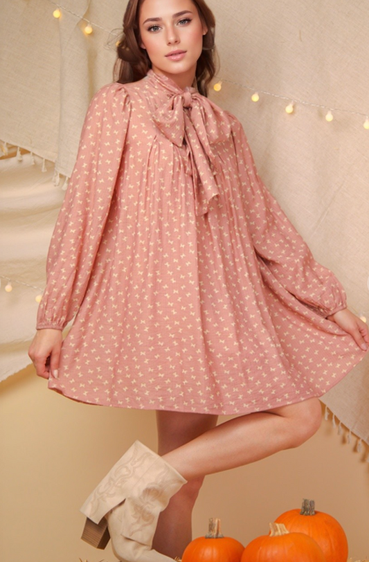 Mock Neck Front Tie Printed Mini Dress Mauve