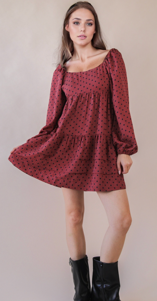 Polka Dot Printed Tiered Layers Mini Dress Brick/Navy