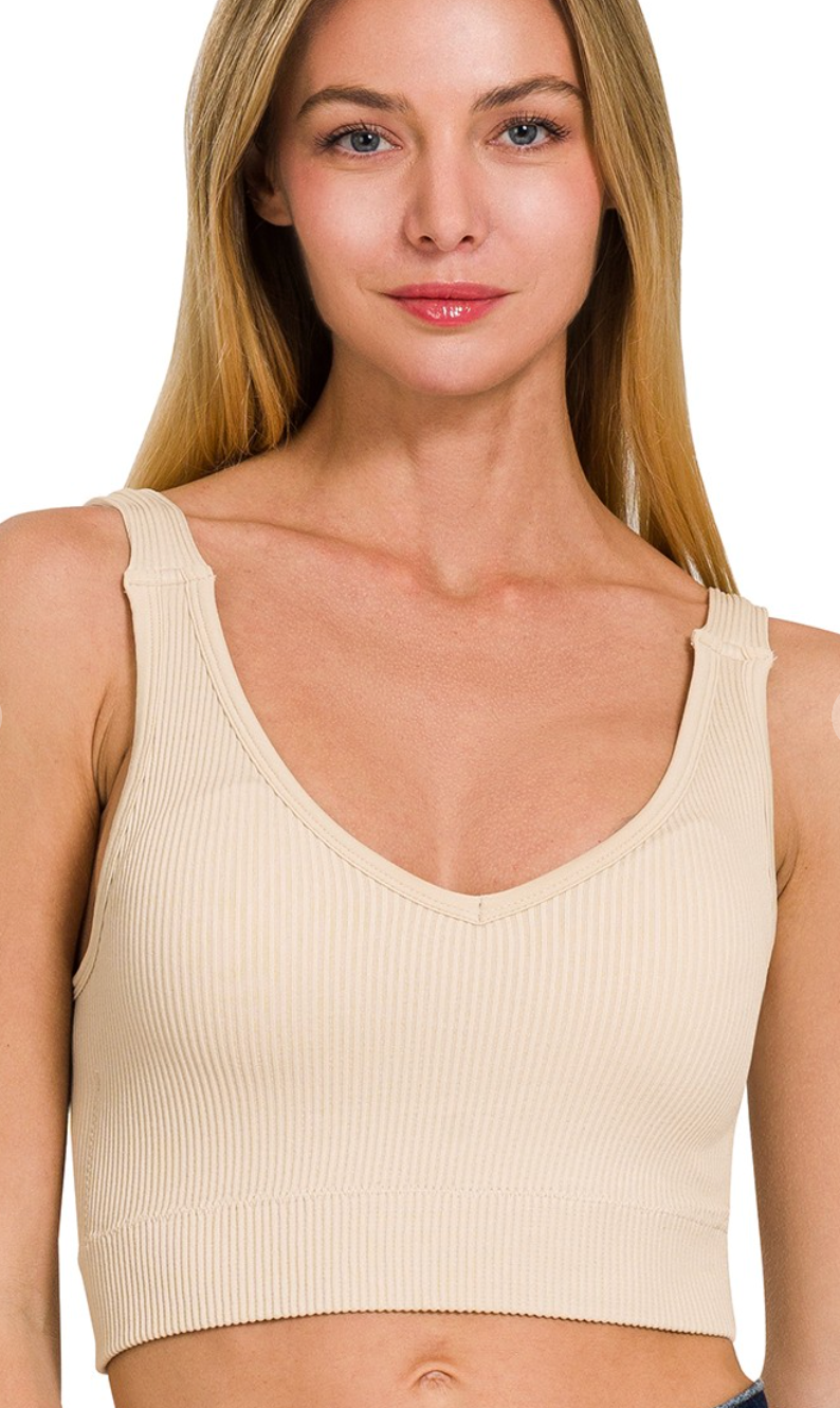 Seamless Ribbed Cropped Bra Padded V Neck Tank Top
