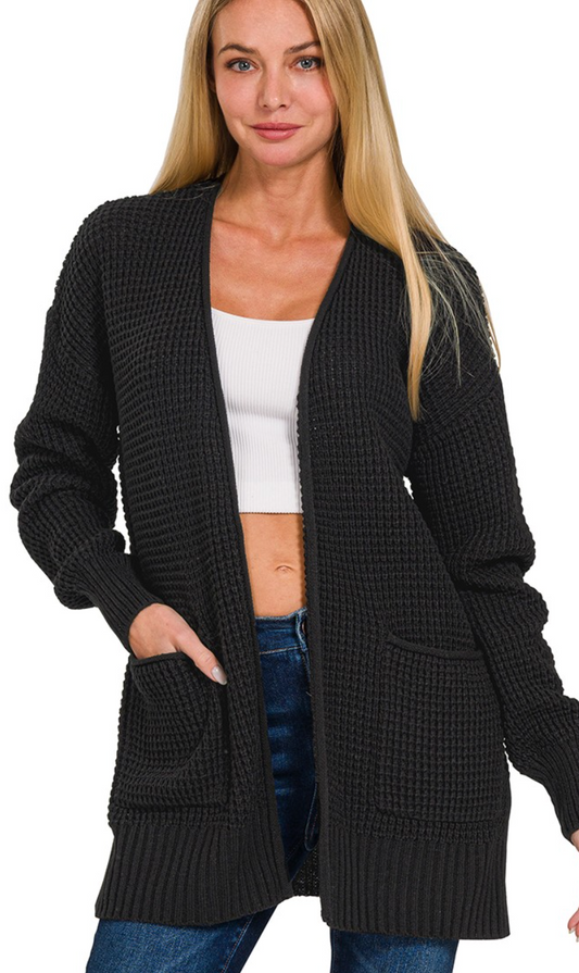 Low Gauge Waffle Open Cardigan Sweater Black