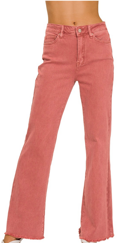 Acid Washed Frayed Cutoff Hem Straight Wide Pants Cabernet