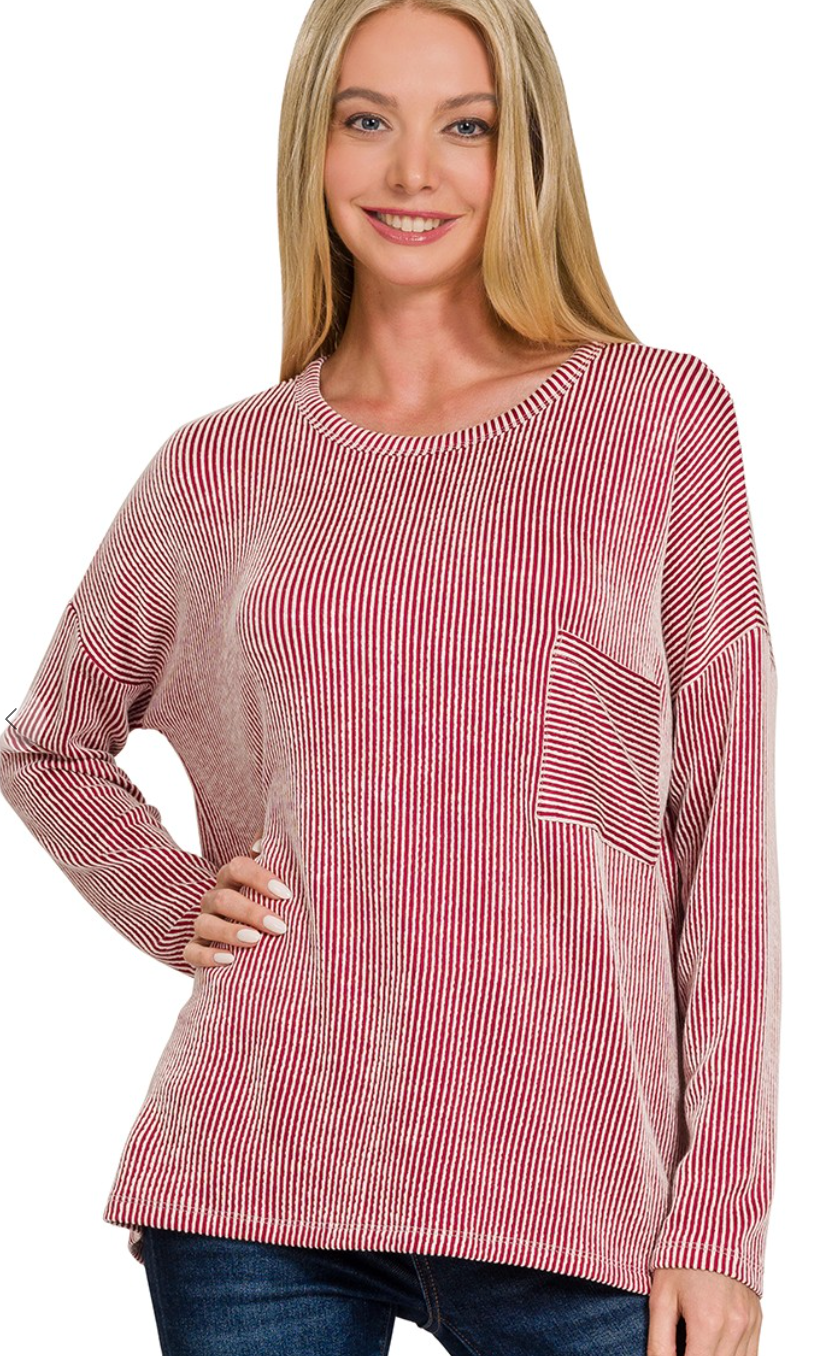 Ribbed Striped Oversized Long Sleeve Top Dark Red