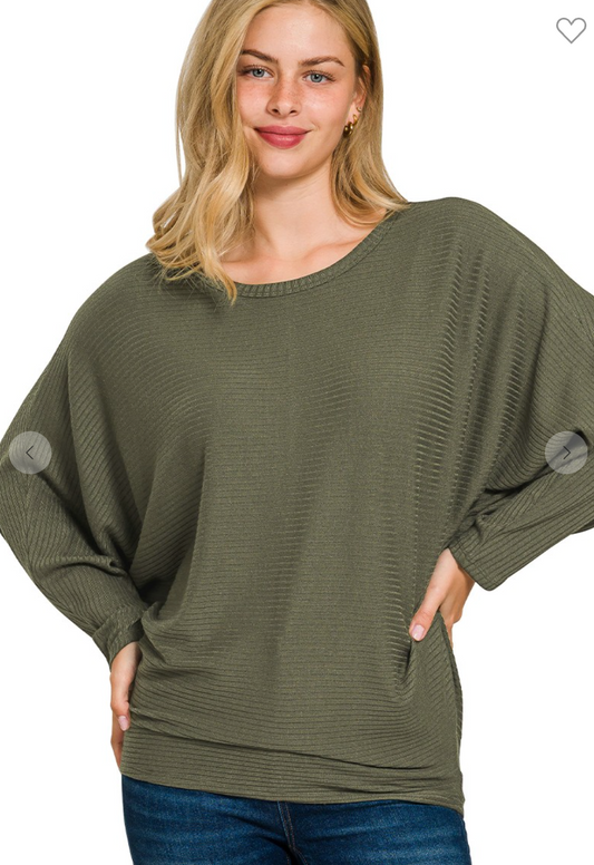Ribbed Batwing Long Sleeve Boat Neck Sweater