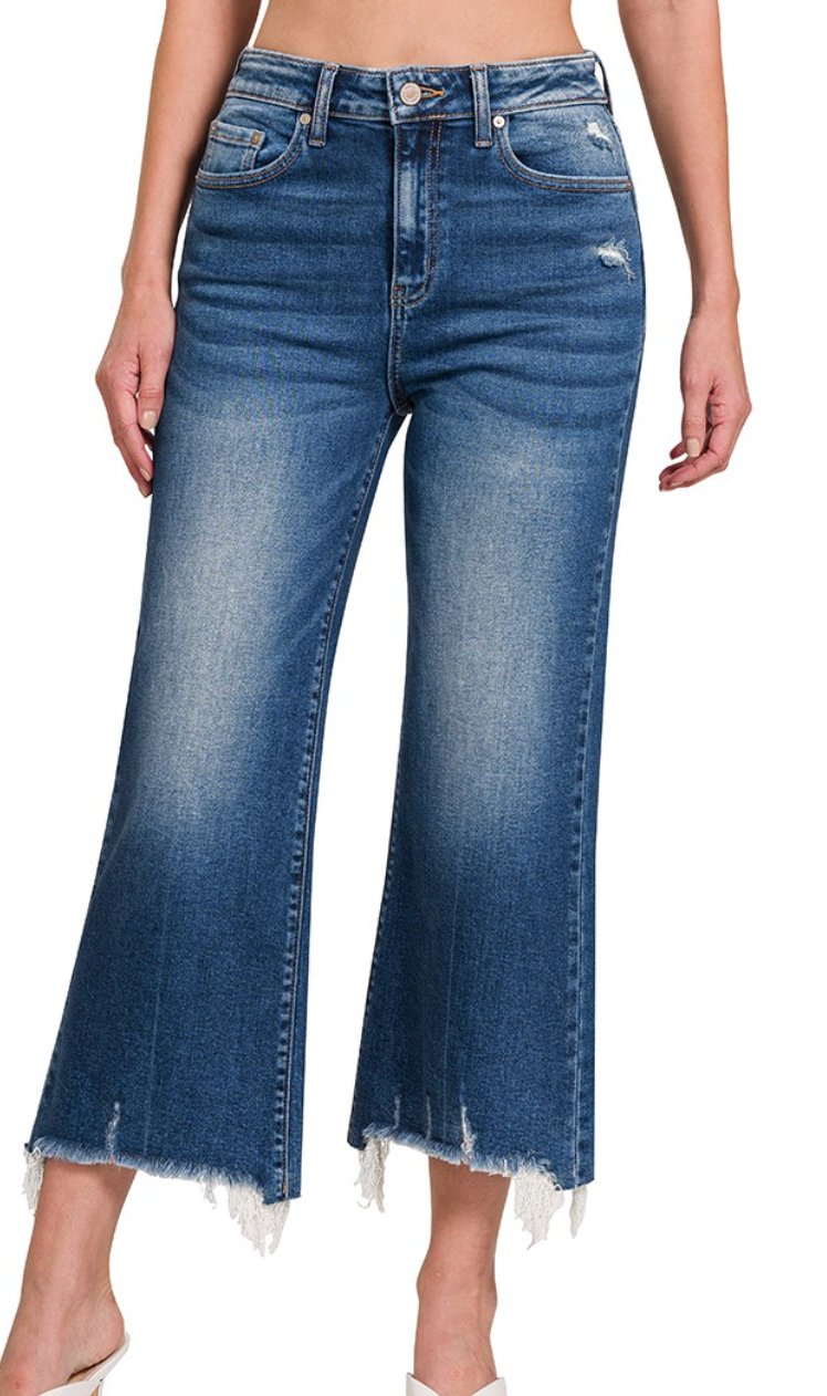 Mid Rise Straight Raw Hem Denim Pants