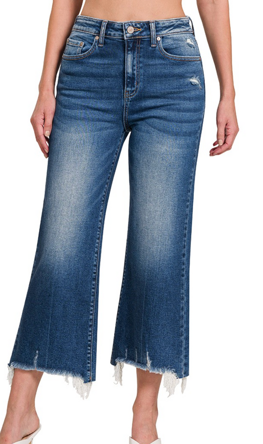 Mid Rise Straight Raw Hem Denim Pants