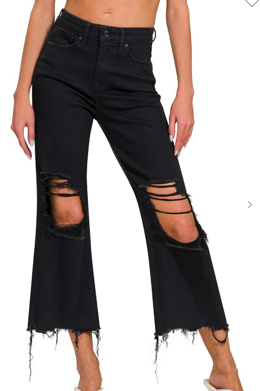 Distressed Knee Flare Crop High Waist Pants Black