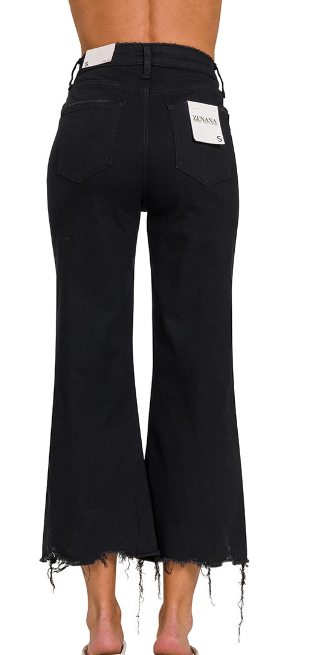 Distressed Knee Flare Crop High Waist Pants Black