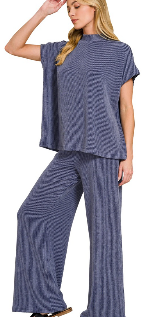 Raised Rib Short Sleeve Tee & Pants Set Navy