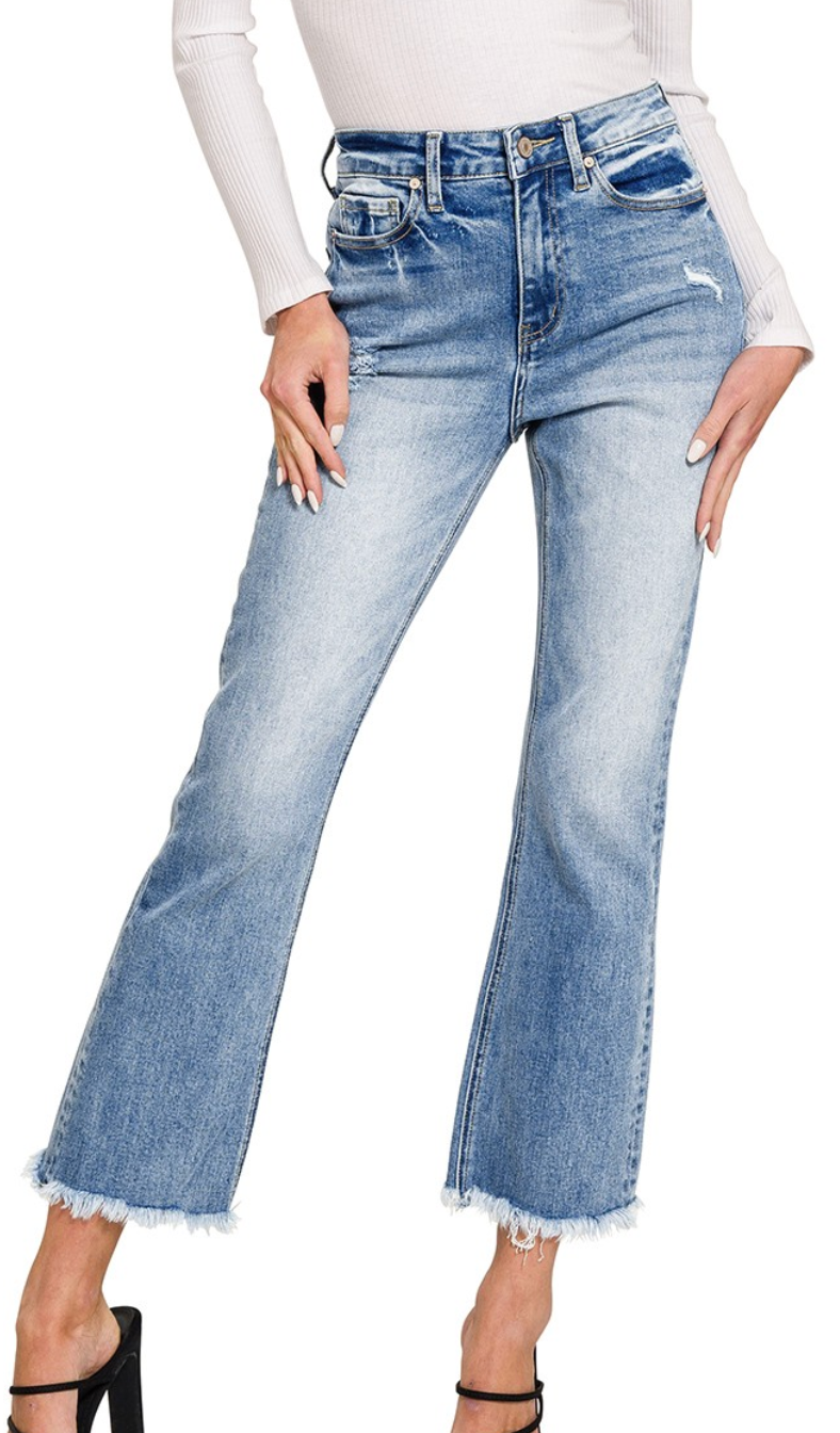 High Rise Straight Raw Hem Cropped Denim Pants