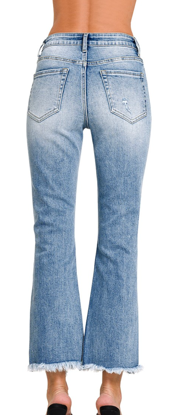 High Rise Straight Raw Hem Cropped Denim Pants