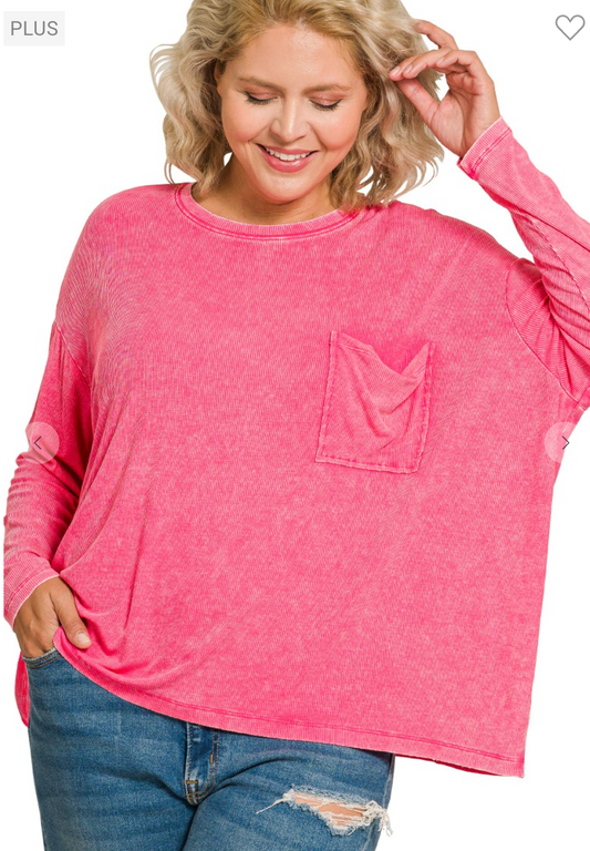 Washed Ribbed Dolman Sleeve Round Neck Top Fushsia