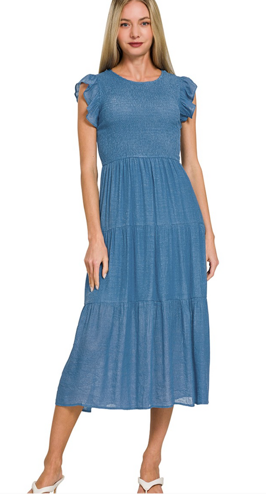 Woven Smocked Ruffle Sleeve Midi Dress