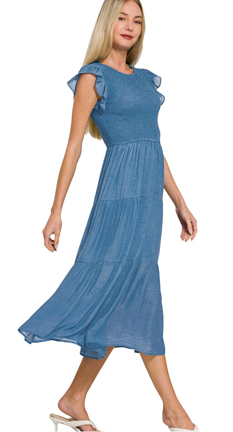 Woven Smocked Ruffle Sleeve Midi Dress