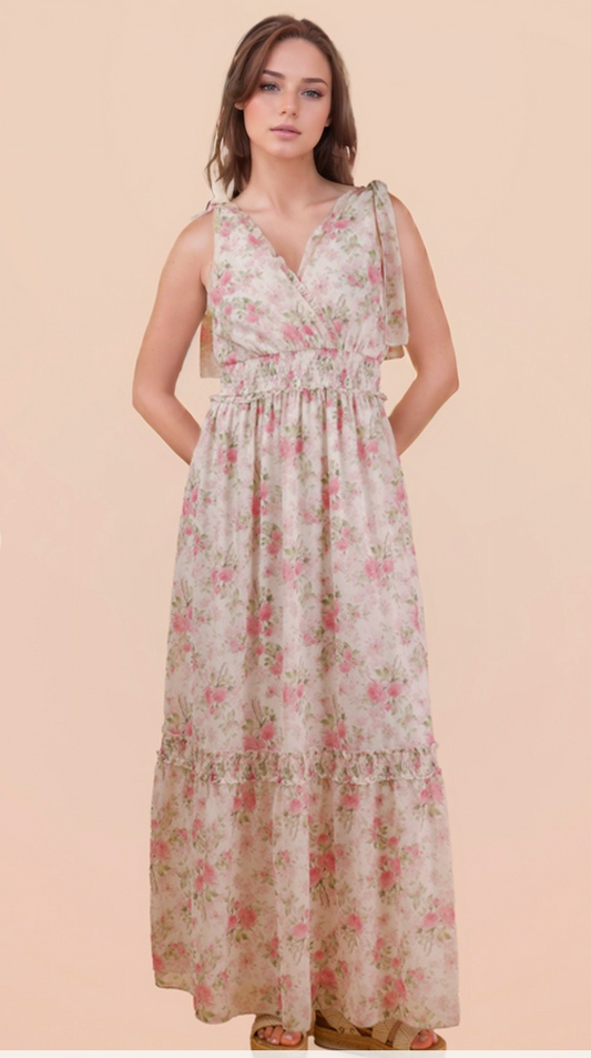 Floral Printed Shoulder Strap Midi Dress - Pink Mix
