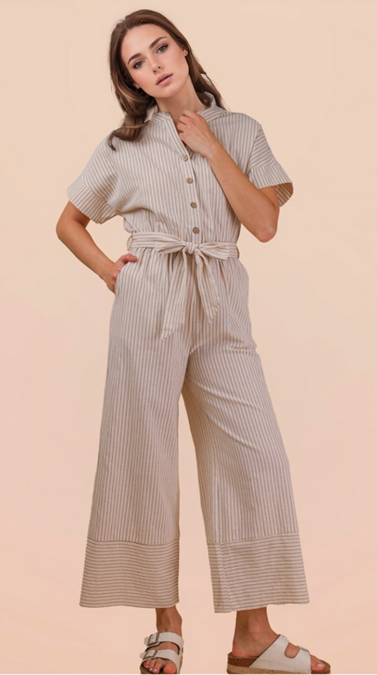 Half Button Dow Stripe Linen Woven Jumpsuit Oatmeal