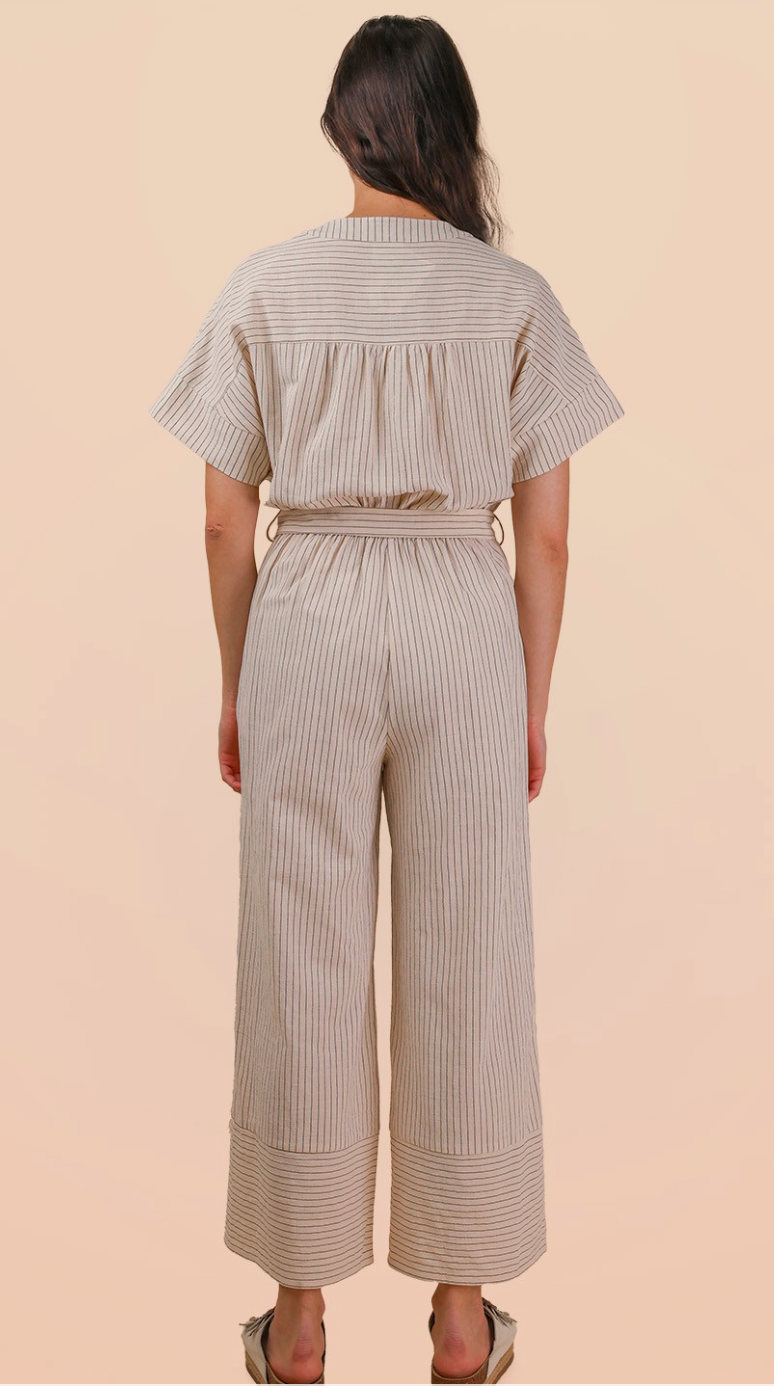 Half Button Dow Stripe Linen Woven Jumpsuit Oatmeal