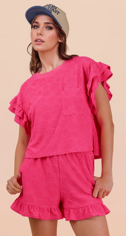 Floral Textured Ruffled Knit Top & Shorts Fuchsia