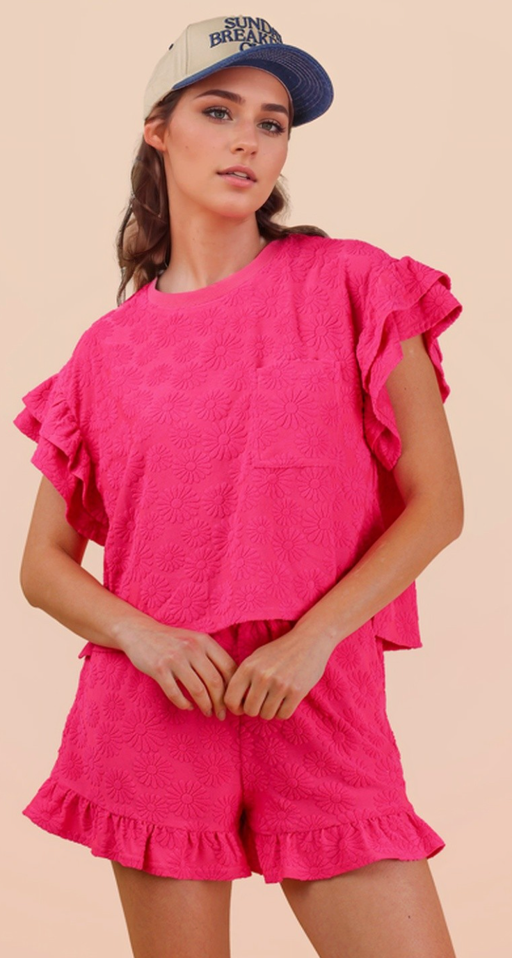 Floral Textured Ruffled Knit Top & Shorts Fuchsia