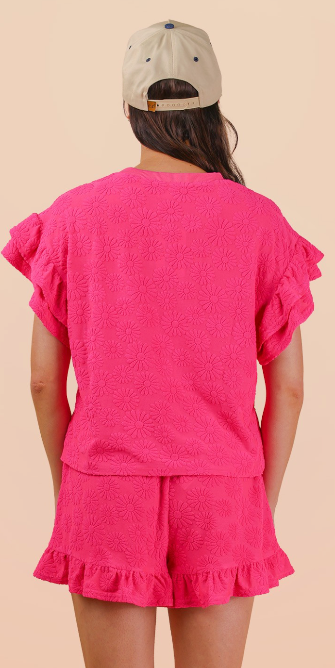 Floral Textured Ruffled Knit Top & Shorts Fuchsia