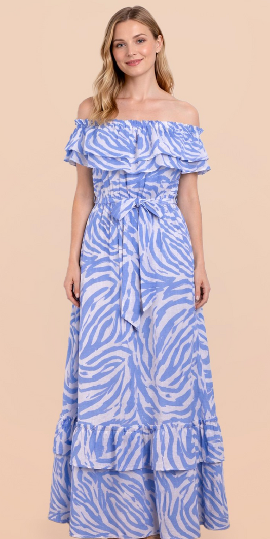 Zebra Printed Off Shoulder Max Resort Dress Blue Mix