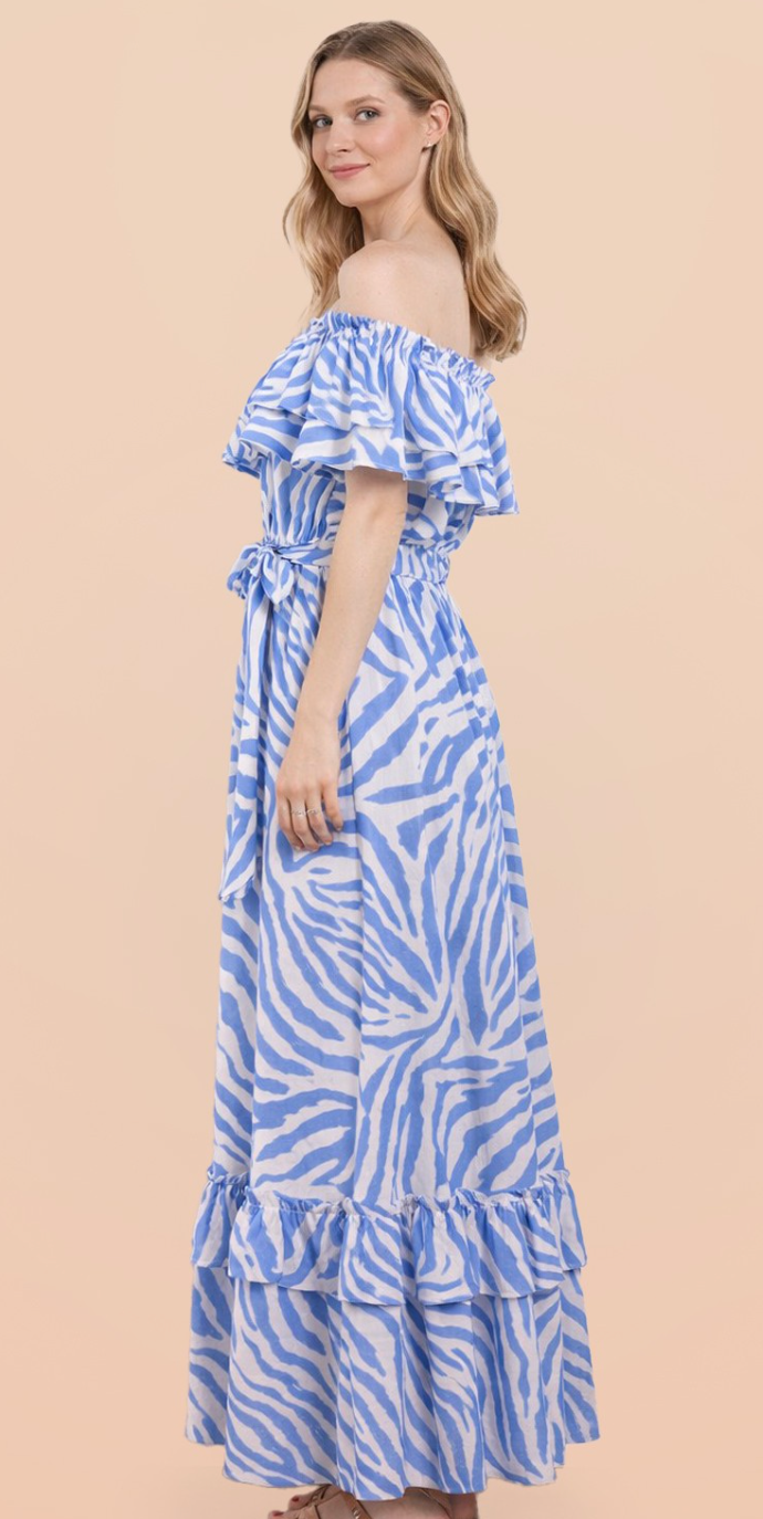Zebra Printed Off Shoulder Max Resort Dress Blue Mix