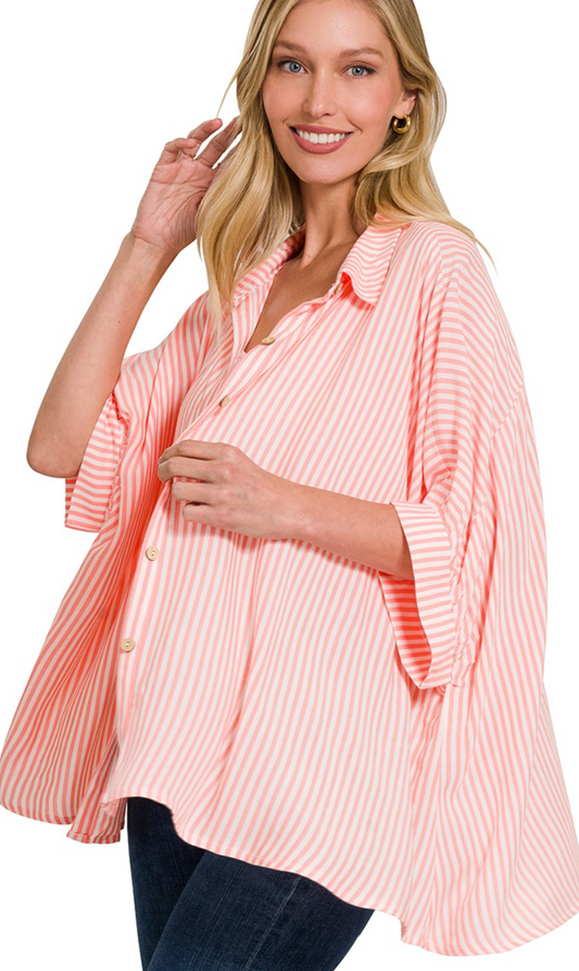 Rayon Striped Short Sleeve Button Up Shirt