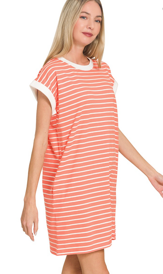 Contrast Trim Striped T Shirt Dress