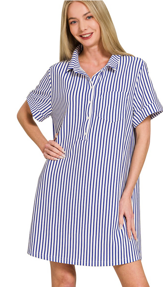 Stripe Collared Half Button Up T Shirt Dress Bright Blue