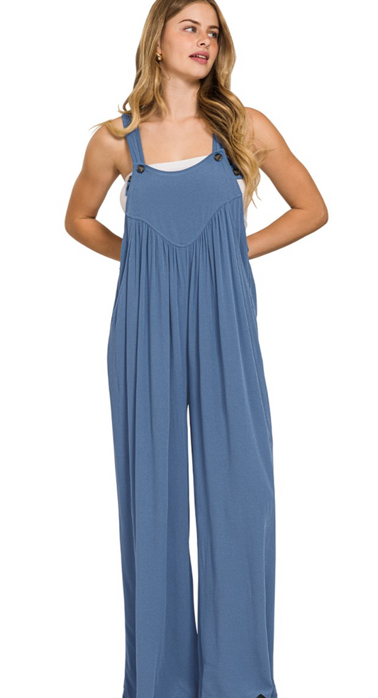 Woven Rayon Crepe Overalls Dusty Blue