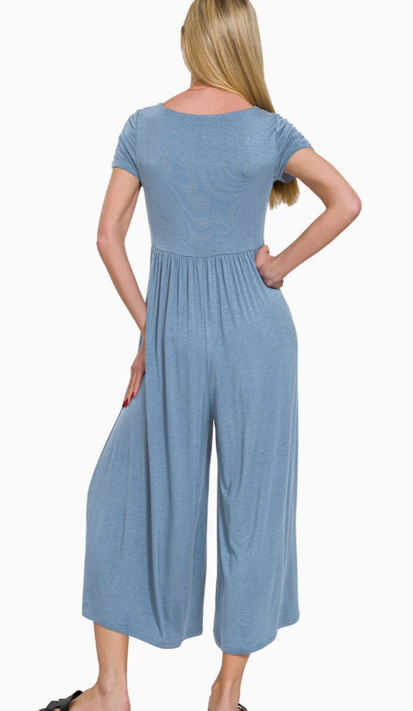 Double Layered Short Sleeve Jumpsuit Dusty Blue