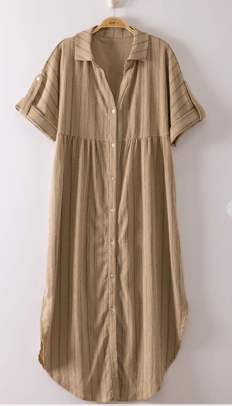 Striped Linen Midi Button Down Shirt Dress Taupe