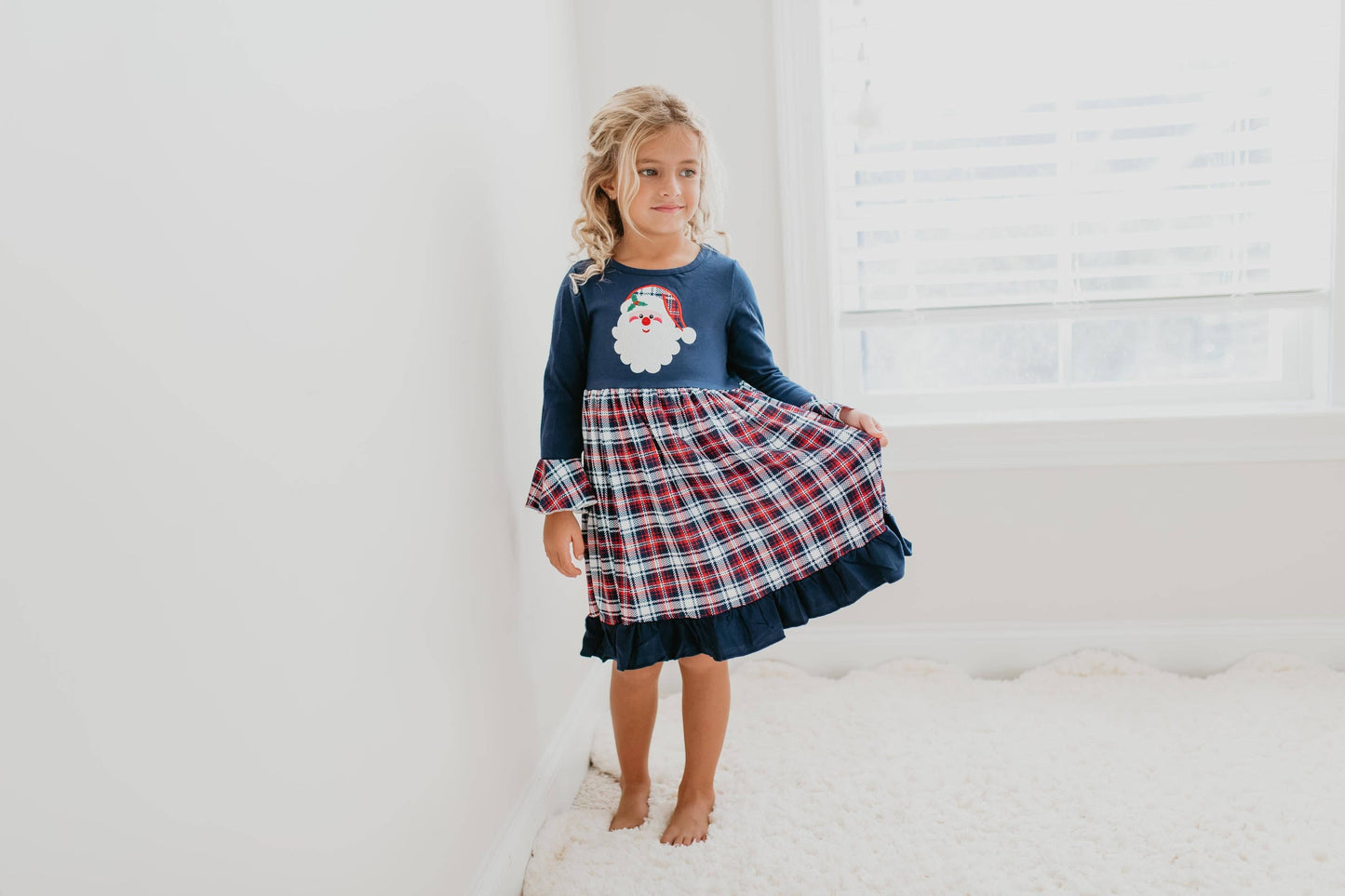 Kids Santa Plaid Long Sleeve Twirl Ruffle Holiday Dress