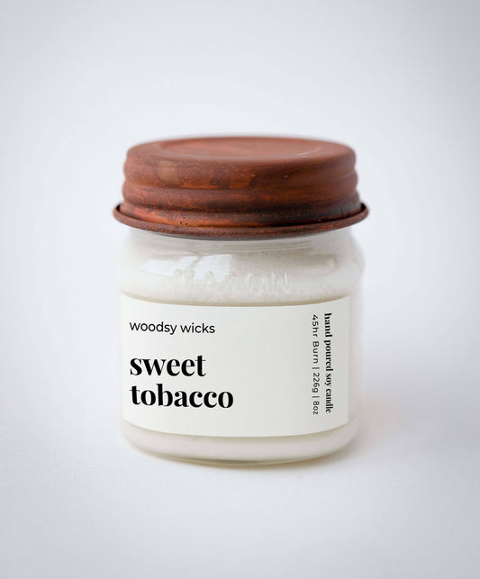 Sweet Tobacco Farmhouse Candle Mason Jar Wood Wick Rustic: 8oz
