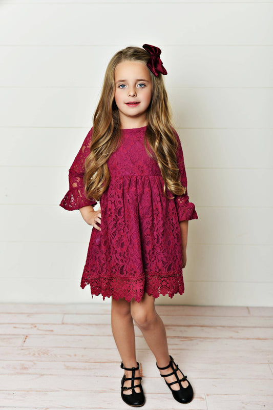 Kids Wine Plum Lace Knee Length Fancy Dress