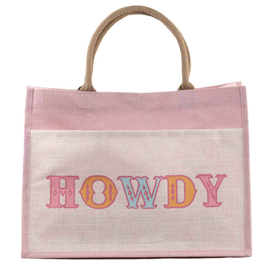 Howdy Friends Jute Pocket Tote   Pink/Multi  19x14x7.5