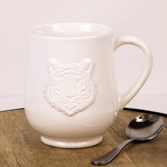 Tiger Embossed Coffee Mug   White   18oz